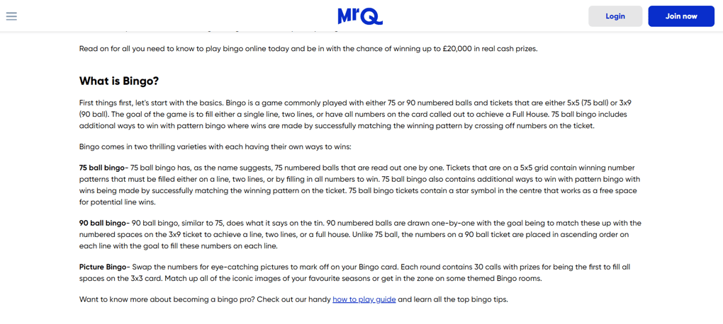 Tutorial section of an online bingo site