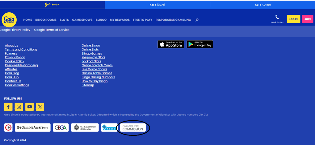 Gala Bingo's platform showing its licensing by the UK Gambling Commission and Gibraltar Government
