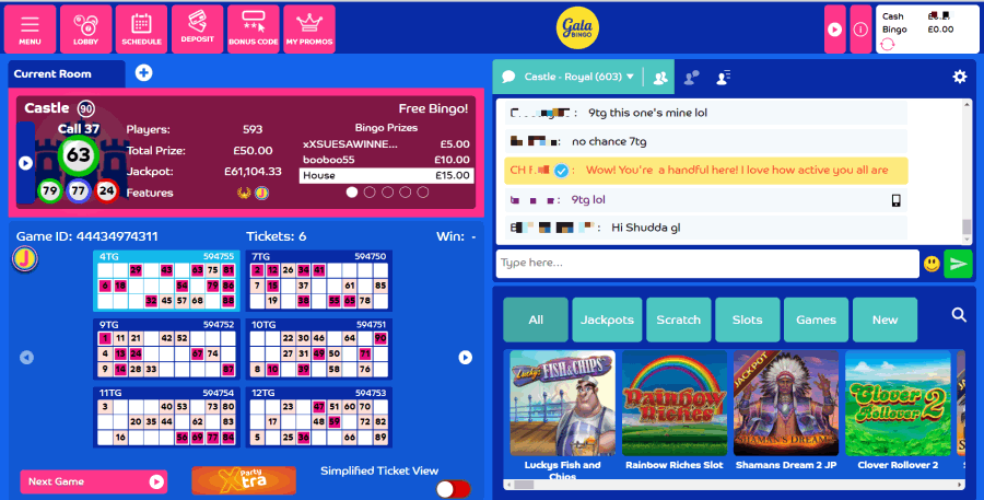 Online bingo game lobby with chat feature