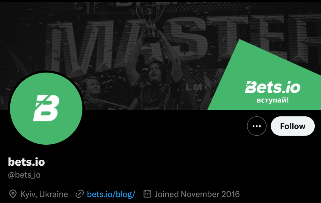 Bets.io Twitter page for Crypto Esports Betting 
