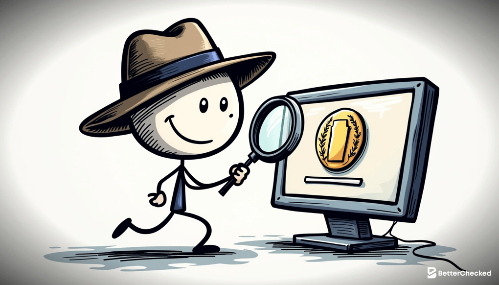 A DETAILED DRAWING OF A DETECTIVE HOLDING A MAGNIFYING GLASS OVER A COMPUTER SCREEN SHOWING A LICENSE BADGE, WITH A COMICAL EXPRESSION AND CAPTION 