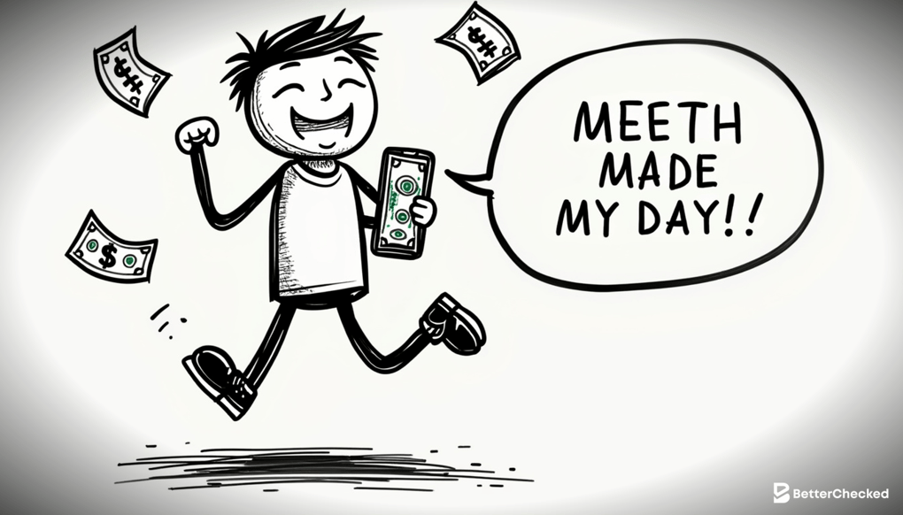 A DETAILED DRAWING OF A PERSON RECEIVING MONEY INSTANTLY ON THEIR PHONE WITH A BIG SMILE, CAPTURING THE SPEED AND EFFICIENCY OF ETHEREUM TRANSACTIONS IN A HUMOROUS WAY