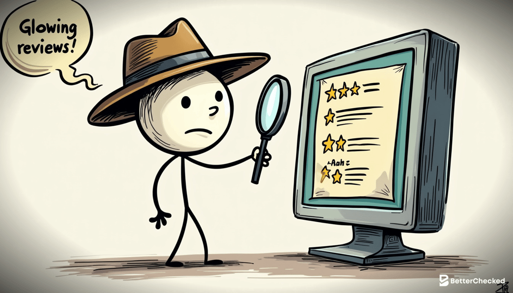 A DETAILED DRAWING OF A PERSON WITH A MAGNIFYING GLASS EXAMINING A COMPUTER SCREEN DISPLAYING A LIST OF REVIEWS, WITH A HUMOROUS ELEMENT LIKE THE PERSON WEARING A DETECTIVE HAT