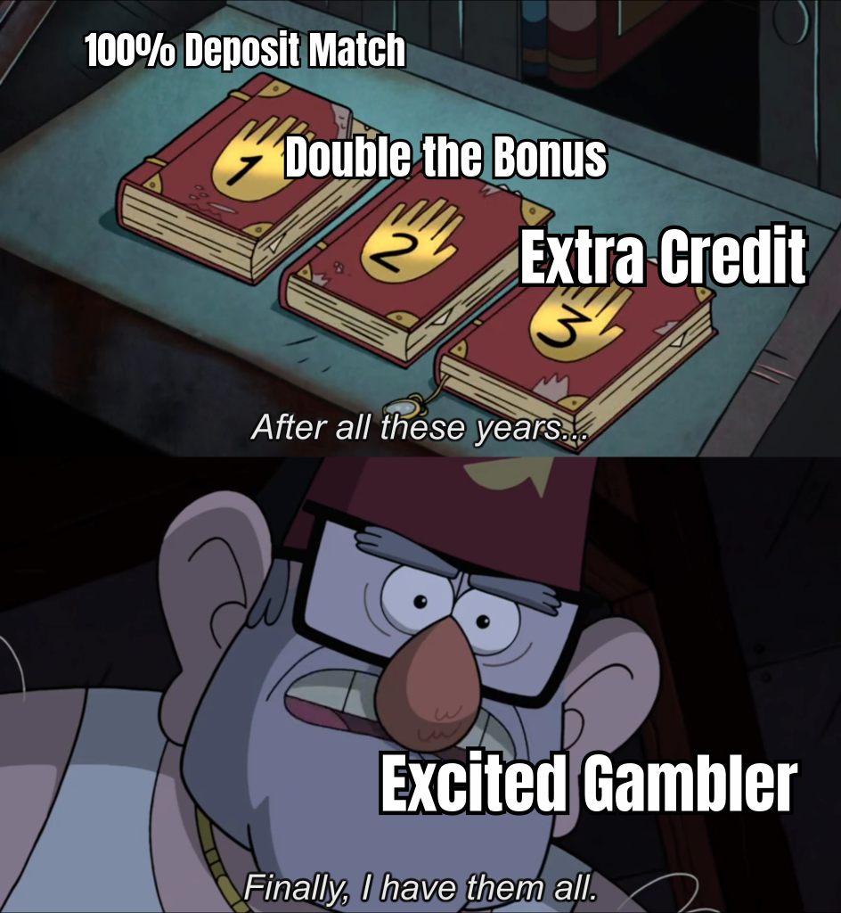 A FUNNY MEME ABOUT THE EXCITEMENT OF RECEIVING A 100% DEPOSIT MATCH BONUS, SHOWING A PERSON JUMPING FOR JOY WITH A CAPTION LIKE 