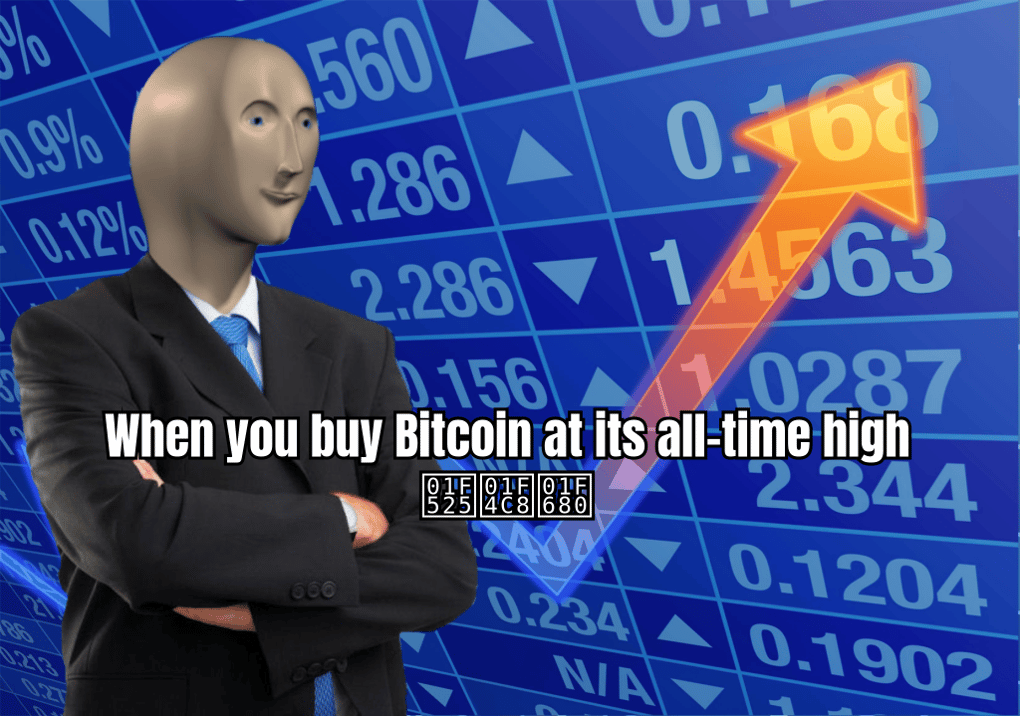 A FUNNY MEME SHOWING A ROCKET WITH A BITCOIN LOGO BLASTING OFF, CAPTIONED 