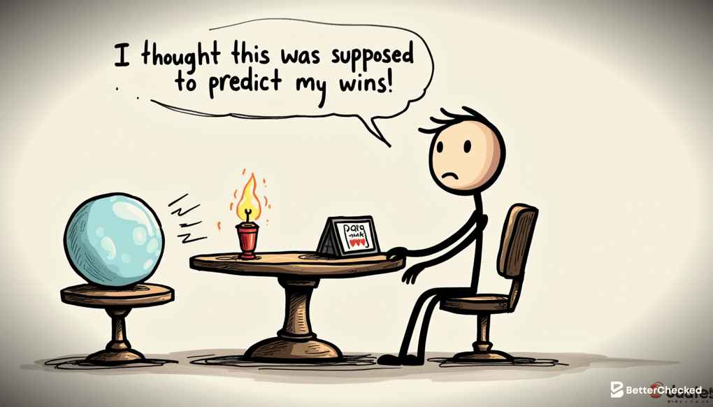 <A FUNNY SKETCH OF A POKER PLAYER USING AN ANALYZER WITH A CRYSTAL BALL NEXT TO THEM>
