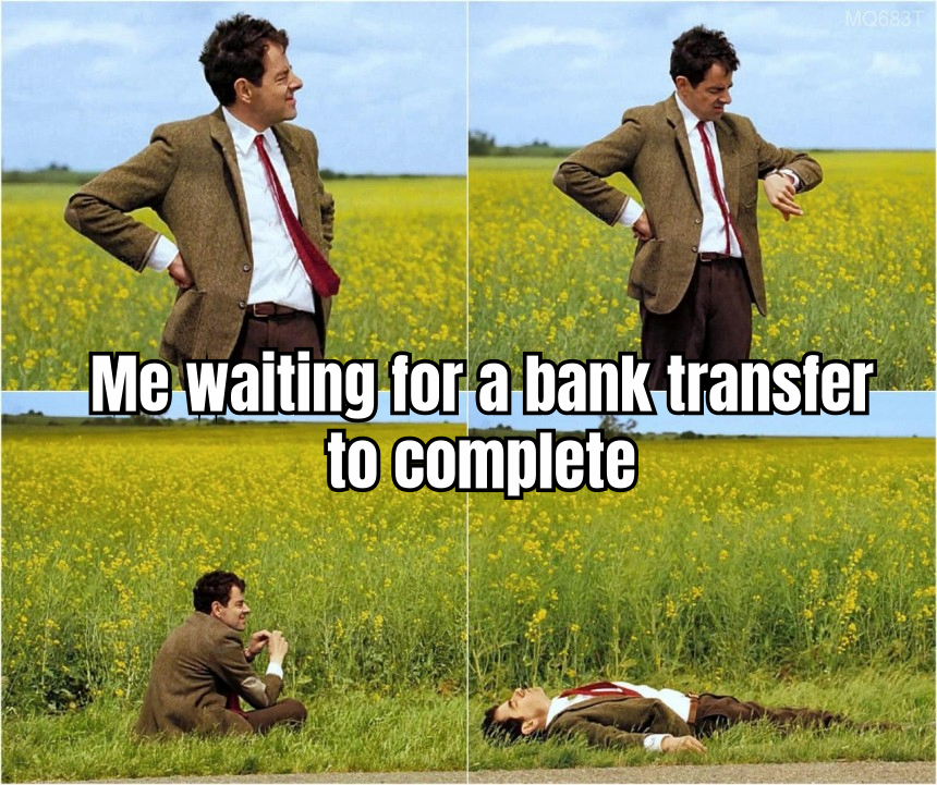 A HUMOROUS COMPARISON SHOWING A PERSON GROWING A LONG BEARD WHILE WAITING FOR A BANK TRANSFER, CONTRASTED WITH THE SAME PERSON RECEIVING CRYPTO FUNDS INSTANTLY AND CELEBRATING