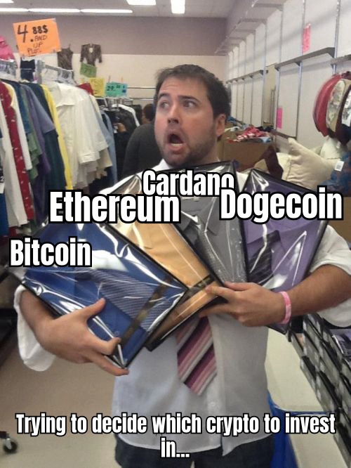 A HUMOROUS IMAGE SHOWING A PERSON SURROUNDED BY CRYPTO COINS WITH A CONFUSED BUT HAPPY EXPRESSION, CAPTIONED 