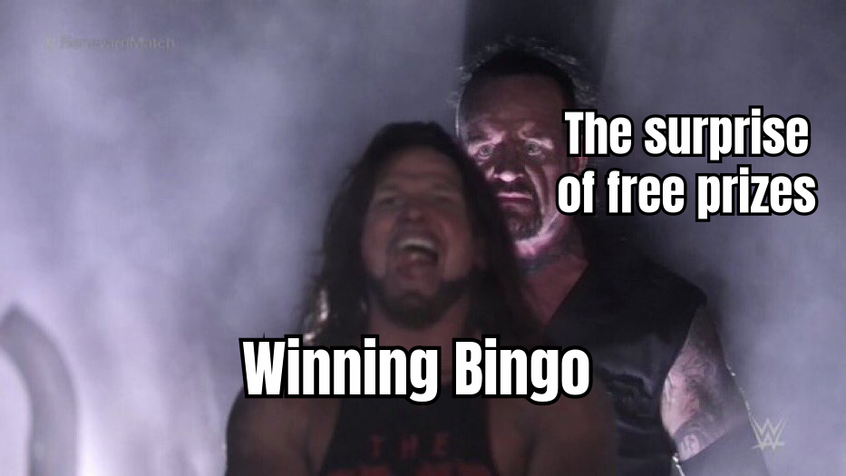A HUMOROUS MEME ABOUT THE THRILL OF WINNING BINGO AND THE SURPRISE OF FREE PRIZES, FEATURING A HAPPY PLAYER