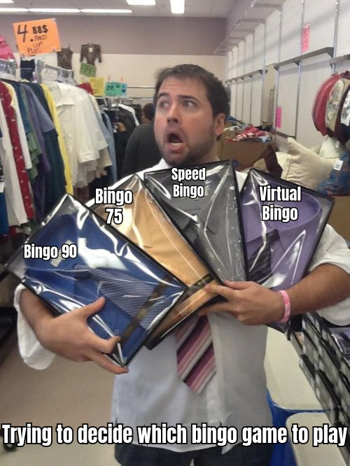A HUMOROUS MEME DEPICTING A BINGO PLAYER OVERWHELMED WITH CARDS FROM DIFFERENT BINGO GAMES, CAPTIONED 