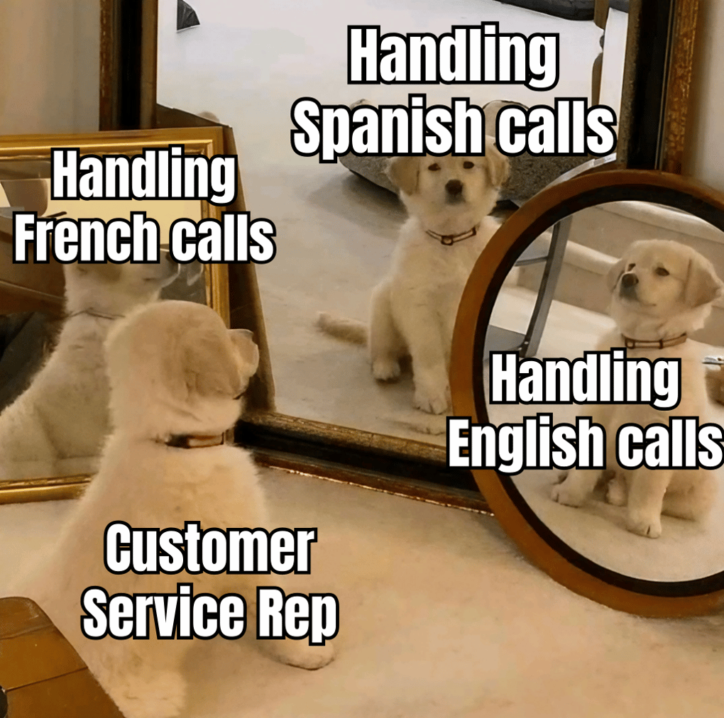 A HUMOROUS MEME DEPICTING A CUSTOMER SERVICE REPRESENTATIVE WITH MULTIPLE HEADSETS, EACH LABELED WITH A DIFFERENT LANGUAGE FLAG, CAPTIONED 