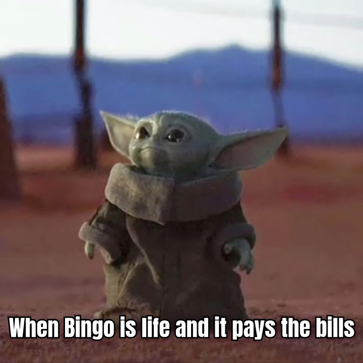 A HUMOROUS MEME DEPICTING A PERSON EXCITEDLY HOLDING BINGO CARDS WITH DOLLAR SIGNS FLOATING AROUND, CAPTIONED 