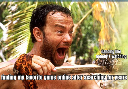 A HUMOROUS MEME DEPICTING A PLAYER CELEBRATING AFTER FINALLY FINDING THEIR FAVORITE GAME ONLINE, WITH THE IDEA OF A PERSON DANCING IN FRONT OF A COMPUTER SCREEN WITH CONFETTI FALLING AROUND THEM