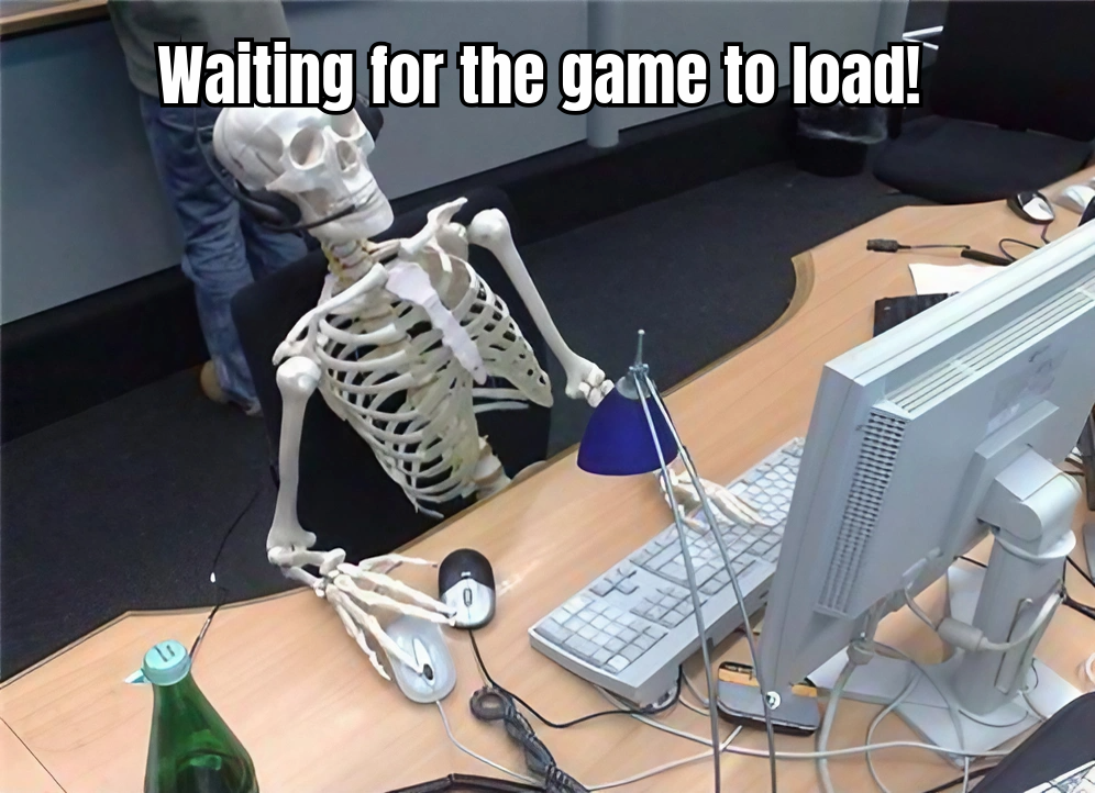 A HUMOROUS MEME DEPICTING A PLAYER WITH A HUGE SMILE AND WIDE EYES, SITTING IN FRONT OF A COMPUTER SCREEN WITH 