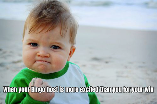 A HUMOROUS MEME SHOWING A BINGO HOST WITH A MICROPHONE, ENTHUSIASTICALLY ANNOUNCING A WINNER, WITH THE CAPTION 