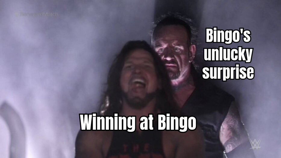 A HUMOROUS MEME SHOWING A BINGO PLAYER JUMPING WITH JOY AFTER WINNING A PRIZE, WITH THE CAPTION 