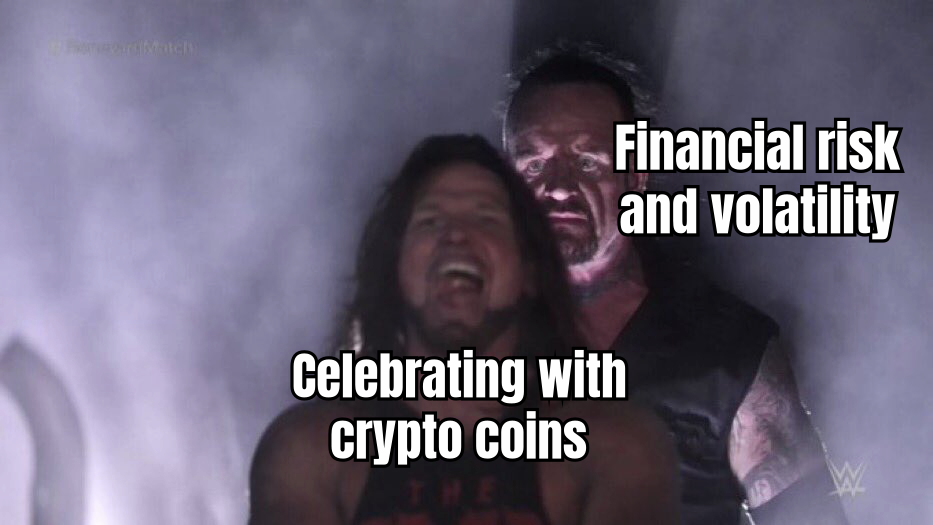 A HUMOROUS MEME SHOWING A PERSON CELEBRATING WITH A MOUNTAIN OF CRYPTO COINS, CAPTIONED 