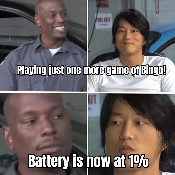 A HUMOROUS MEME SHOWING A PERSON EXCITEDLY PLAYING BINGO ON THEIR PHONE WITH THE CAPTION 