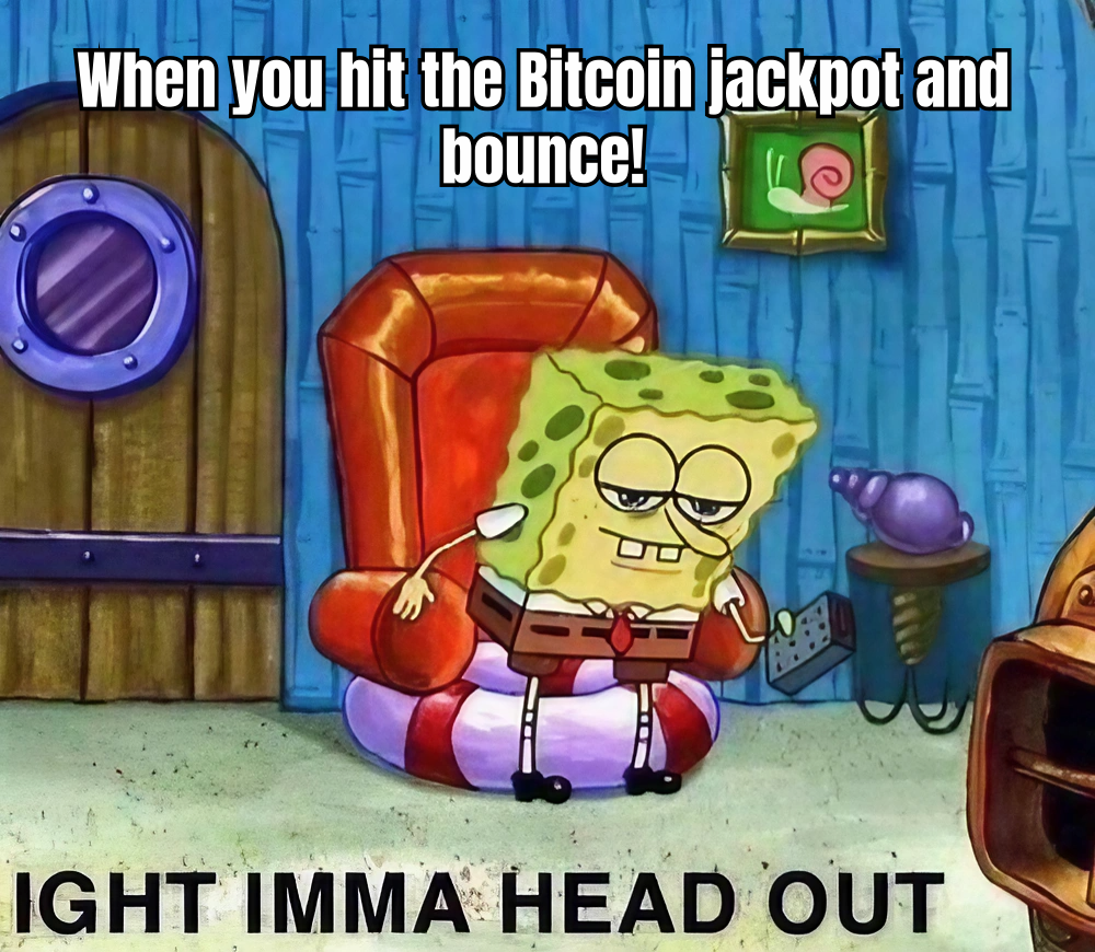 A HUMOROUS MEME SHOWING A PERSON JUMPING IN EXCITEMENT AS BITCOINS POUR OUT OF A SLOT MACHINE, WITH THE CAPTION 