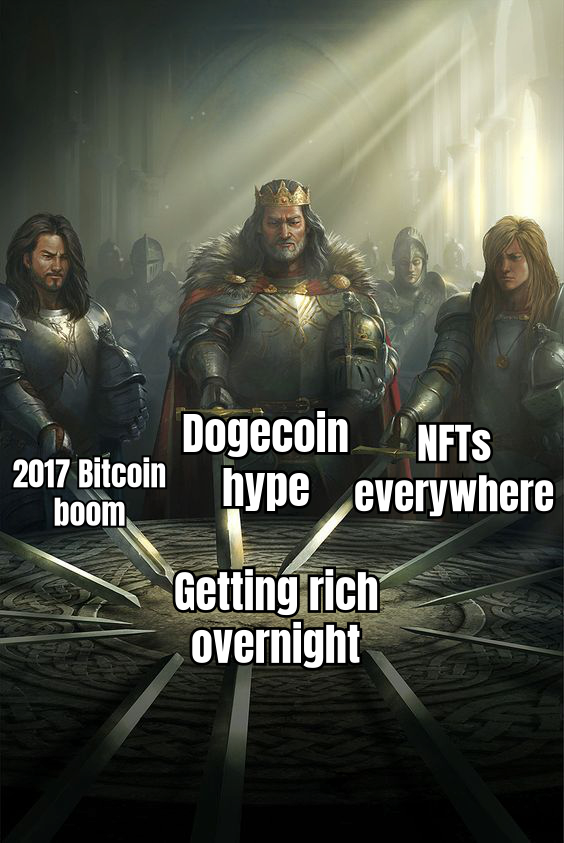 A HUMOROUS MEME SHOWING A PERSON SURROUNDED BY A PILE OF CRYPTO COINS WITH THE CAPTION 