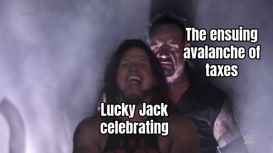 A HUMOROUS MEME SHOWING A PLAYER CELEBRATING A BIG WIN WITH THE CAPTION 