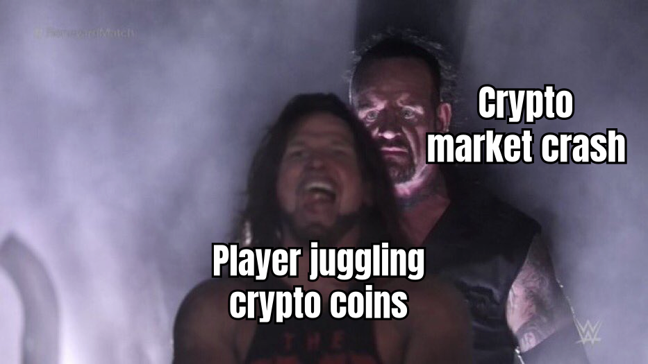 A HUMOROUS MEME SHOWING A PLAYER EXCITEDLY JUGGLING DIFFERENT CRYPTO COINS WITH THE CAPTION 