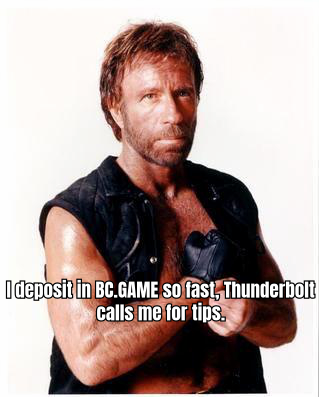 A HUMOROUS MEME SHOWING A PLAYER WITH A SUPERHERO CAPE AND LIGHTNING BOLTS, REPRESENTING THE SPEED OF TRANSACTIONS ON BC.GAME