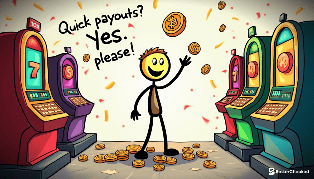 A HUMOROUS SKETCH OF A CASINO WITH CRYPTO COINS FALLING FROM THE SKY, ILLUSTRATING THE CONCEPT OF QUICK PAYOUTS IN A PLAYFUL WAY