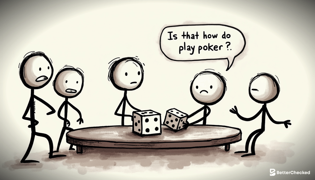 A HUMOROUS SKETCH OF A PERSON AT A POKER TABLE, ROLLING DICE WITH A LOOK OF CONCENTRATION, WHILE OTHER PLAYERS LOOK CONFUSED, CAPTURING THE IDEA OF USING RANDOMNESS TO PREDICT OUTCOMES