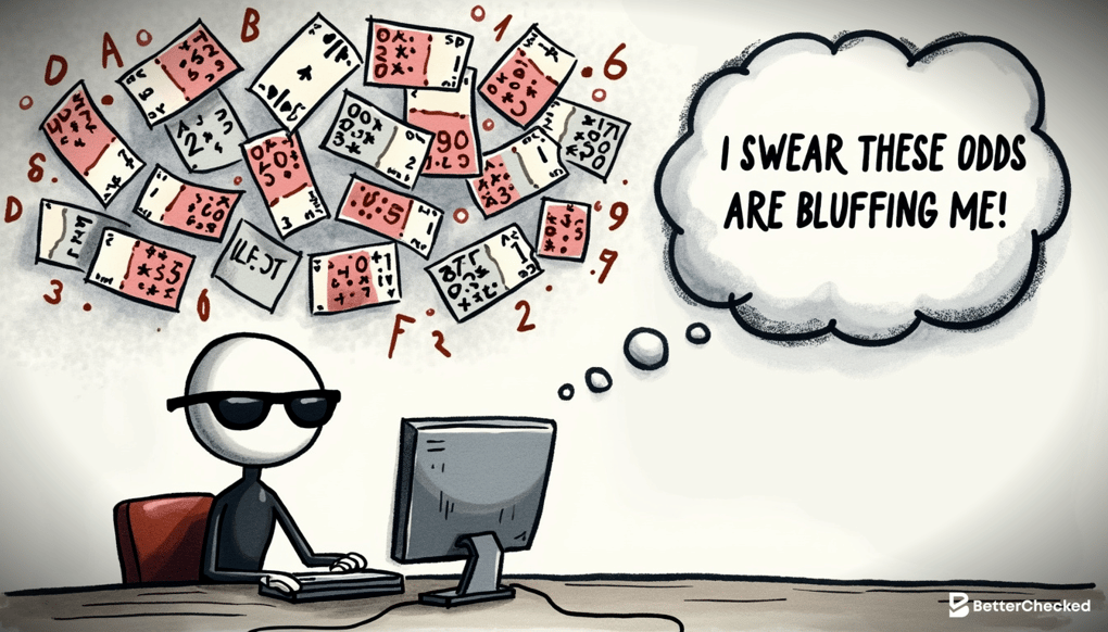 A HUMOROUS SKETCH OF A POKER PLAYER SITTING AT A COMPUTER WITH A THOUGHT BUBBLE SHOWING COMPLEX ODDS AND STRATEGY CALCULATIONS, WEARING SUNGLASSES AND A POKER FACE