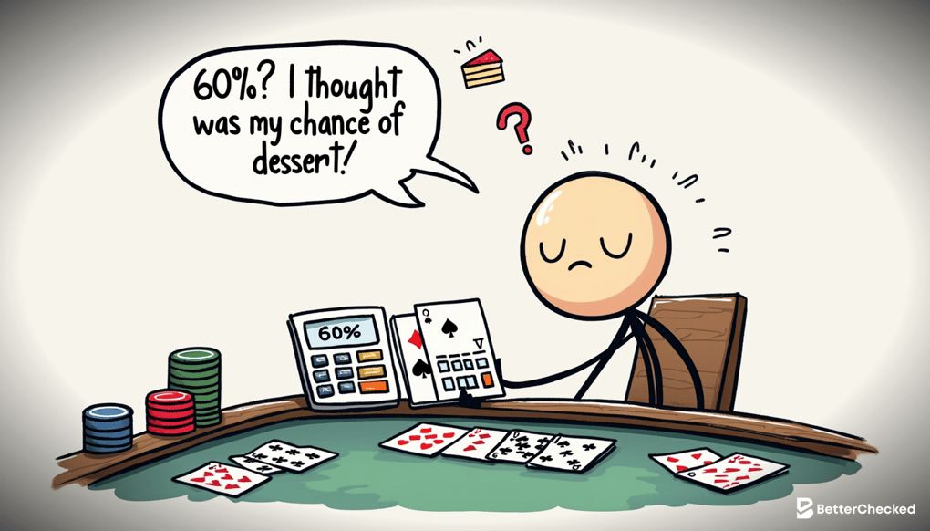 A HUMOROUS SKETCH OF A POKER PLAYER SITTING AT A TABLE, SURROUNDED BY CARDS AND CHIPS, USING A CALCULATOR WITH A CONFUSED BUT DETERMINED EXPRESSION TO FIGURE OUT EQUITY