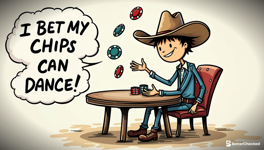 A HUMOROUS SKETCH OF A POKER PLAYER WALKING A TIGHTROPE WHILE JUGGLING CHIPS, SYMBOLIZING THE BALANCING ACT OF BETS AND BLUFFS