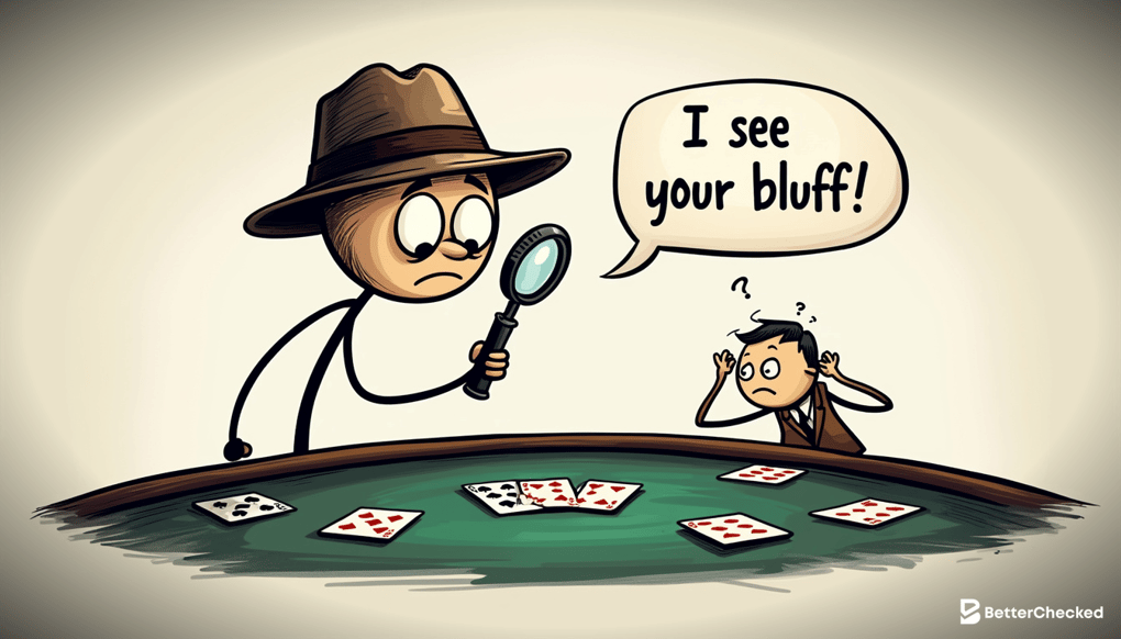 A HUMOROUS SKETCH OF A POKER PLAYER WEARING A DETECTIVE HAT AND HOLDING A MAGNIFYING GLASS, CLOSELY STUDYING AN OPPONENT'S CARDS AND EXPRESSIONS TO EMPHASIZE THE IMPORTANCE OF READING PEOPLE