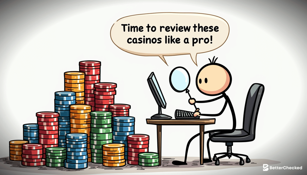 A HUMOROUS SKETCH OF SERGIO ZAMMIT SITTING AT A DESK WITH A MOUNTAIN OF CASINO CHIPS AND A MAGNIFYING GLASS, SYMBOLIZING HIS THOROUGH REVIEW PROCESS