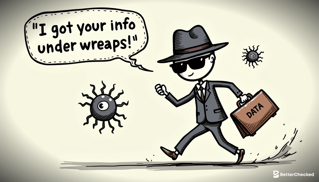 A HUMOROUS SKETCH SHOWING DATA AS A SECRET AGENT SAFELY TRANSPORTING INFORMATION IN A BRIEFCASE, REPRESENTING ENCRYPTION DURING TRANSIT