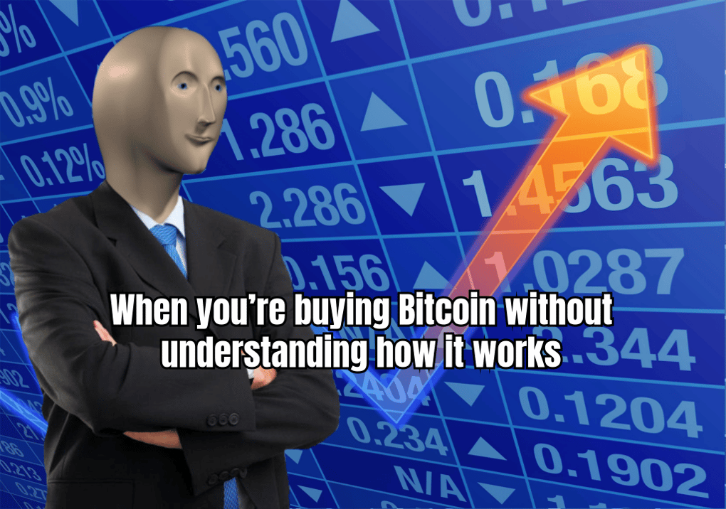 A meme showing a person wearing sunglasses and a hoodie, sitting at a computer with a Bitcoin logo on the screen, with the caption 