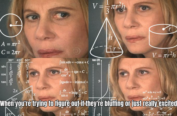 A meme showing a poker player surrounded by floating cards and equations, humorously depicting the complexity of mastering poker strategies