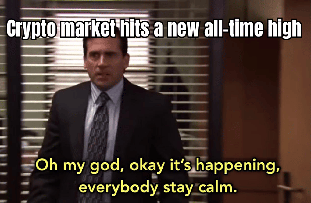 A MEME SHOWING A ROLLER COASTER WITH CRYPTO COINS AS PASSENGERS, WITH EXPRESSIVE FACES, CAPTIONED 