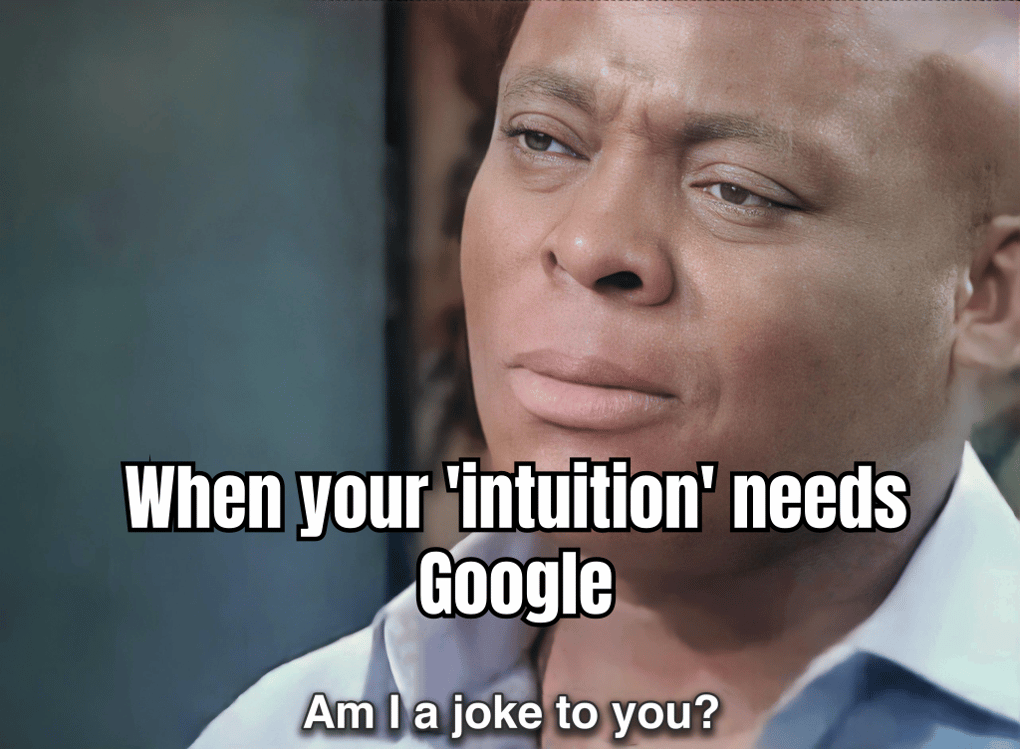 A poker player sitting at a table with a phone hidden under the table, looking nervously around, with the caption "When your 'intuition' needs a second opinion."