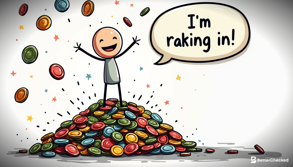 A SIMPLE DRAWING EXPLAINING HOW THE TOKENIZED RAKEBACK SYSTEM WORKS, WITH A HUMOROUS TWIST SHOWING TOKENS BEING COLLECTED LIKE COINS IN A VIDEO GAME