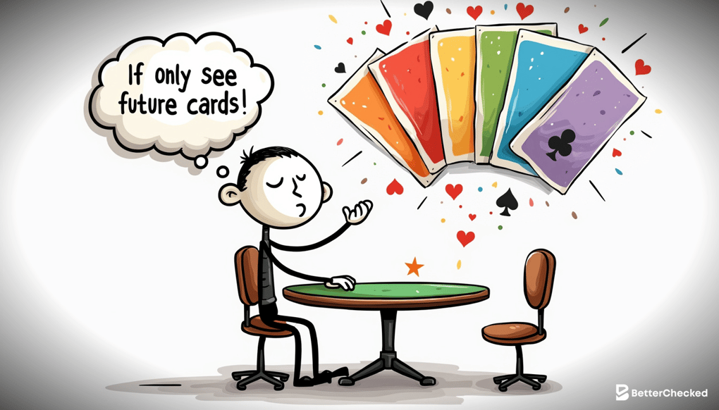 A SIMPLE DRAWING EXPLAINING HOW TO USE PRE-FLOP STATS WITH A HUMOROUS TOUCH, SUCH AS A CARTOON CHARACTER THINKING HARD ABOUT WHICH CARDS MIGHT APPEAR