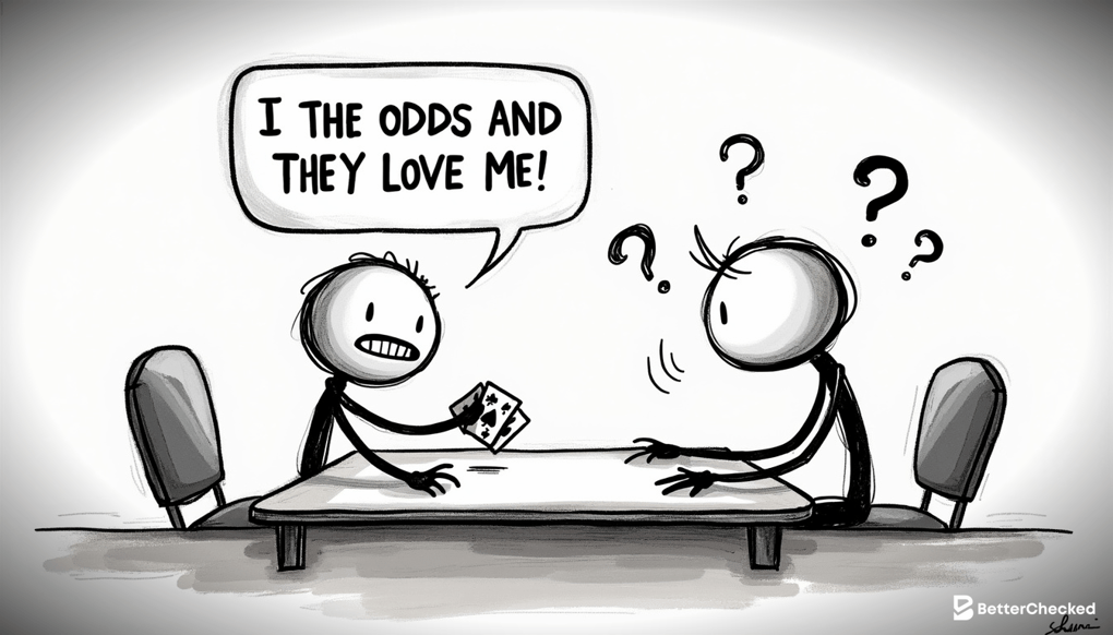A SIMPLE DRAWING EXPLAINING THE IMPORTANCE OF POSITION IN POKER WITH A HUMOROUS TWIST, SHOWING A PLAYER IN LATE POSITION WITH A SMUG EXPRESSION AND A PLAYER IN EARLY POSITION LOOKING NERVOUS