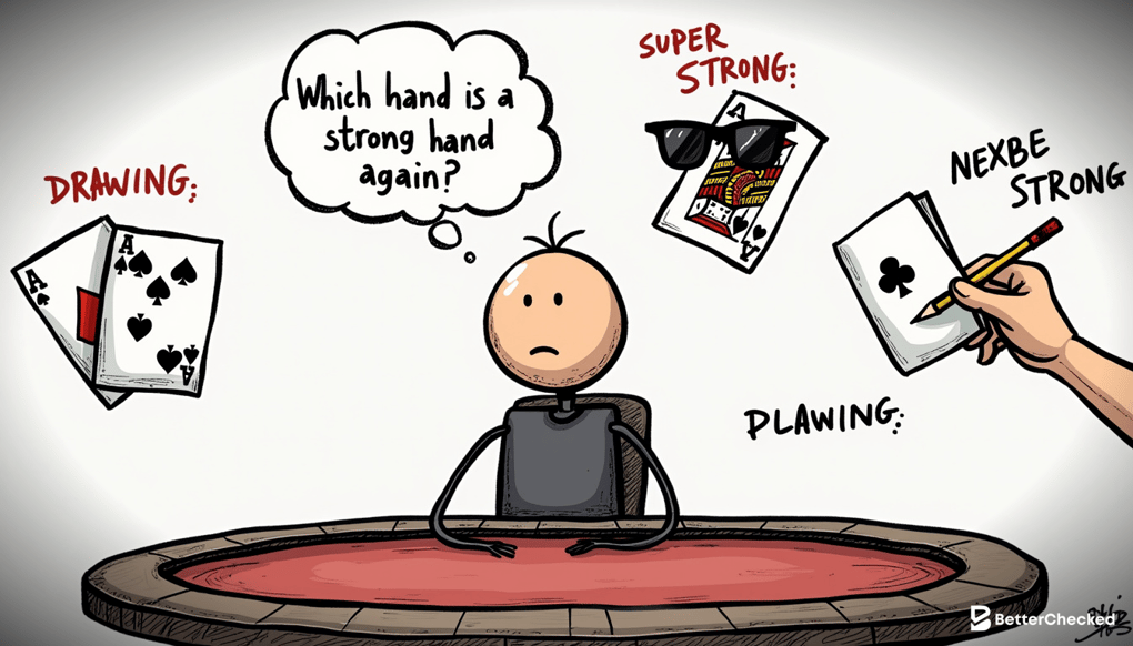 A SIMPLE DRAWING EXPLAINING THE PROCESS OF CATEGORIZING POKER HANDS INTO DIFFERENT CATEGORIES LIKE STRONG HANDS AND DRAWING HANDS, WITH A HUMOROUS TWIST