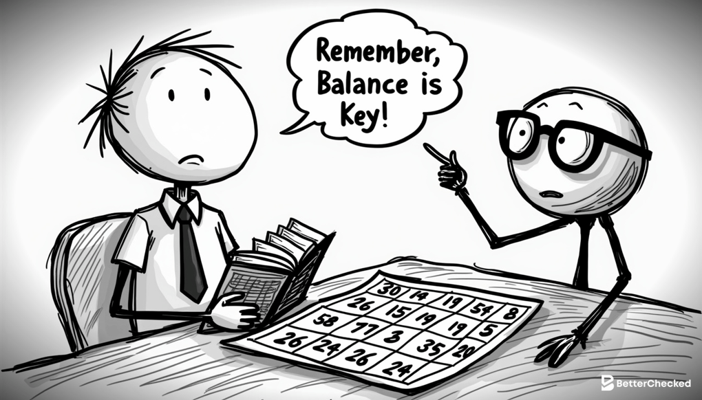 A SIMPLE DRAWING OF A BINGO CARD WITH SECTIONS CLEARLY MARKED FOR HIGH, LOW, EVEN, AND ODD NUMBERS, WITH A HUMOROUS ELEMENT LIKE A BINGO BALL WEARING GLASSES AND HOLDING A STRATEGY BOOK