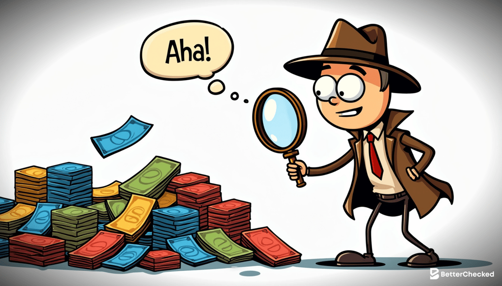 A SIMPLE DRAWING OF A BOOKMAKER DRESSED AS A DETECTIVE, HOLDING A MAGNIFYING GLASS OVER A STACK OF ODDS, WITH A HUMOROUS EXPRESSION AS IF DISCOVERING THE HIDDEN PROFIT MARGIN