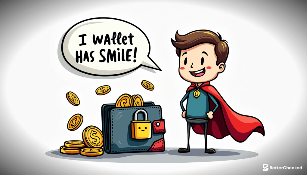 A SIMPLE DRAWING OF A CRYPTO WALLET WITH A SMILING LOCK, HUMOROUSLY DEPICTING THE CONCEPT OF SECURITY IN CRYPTO TRANSACTIONS