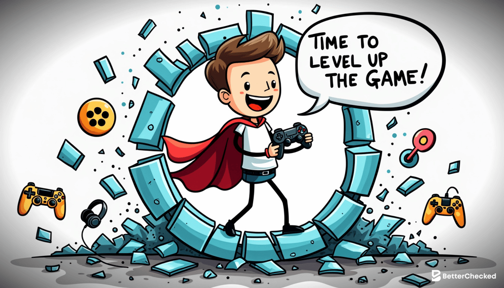 A SIMPLE DRAWING OF A FEMALE GAMER SMASHING THROUGH A GLASS CEILING WITH A GAME CONTROLLER IN HAND, SYMBOLIZING BREAKING BARRIERS IN A HUMOROUS WAY