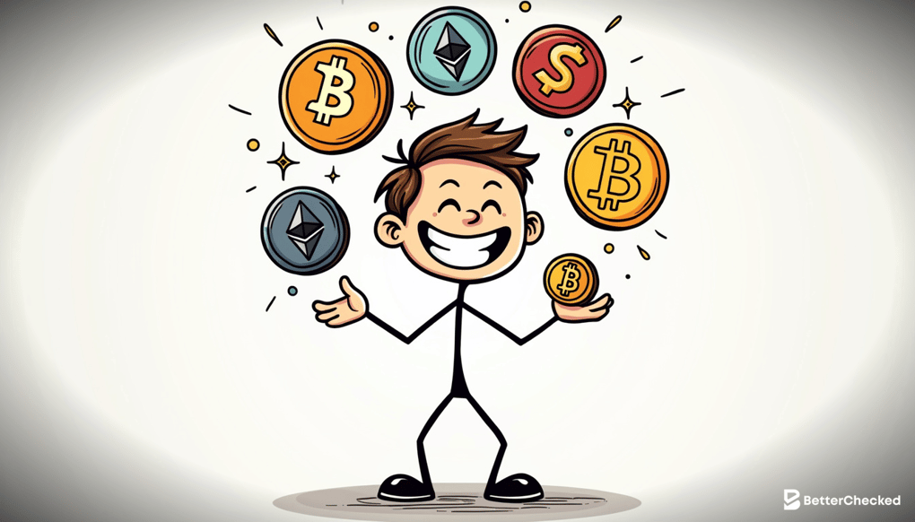 A SIMPLE DRAWING OF A PERSON HAPPILY JUGGLING MULTIPLE CRYPTO COINS LIKE BITCOIN, ETHEREUM, AND SOLANA, WITH A SMILE AND A CAPTION 