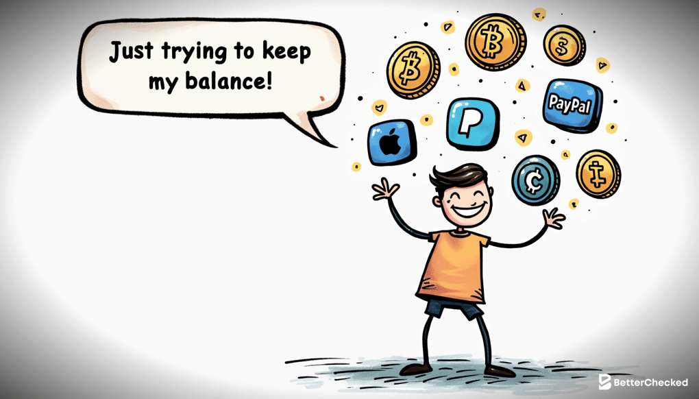 A SIMPLE DRAWING OF A PERSON JUGGLING DIFFERENT PAYMENT METHODS LIKE APPLE PAY, PAYPAL, AND CRYPTOCURRENCY, WITH A HUMOROUS EXPRESSION AND A CAPTION SAYING 