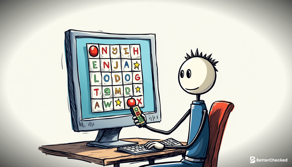 A SIMPLE DRAWING OF A PERSON SETTING A TIMER ON THEIR PHONE WHILE SITTING AT A COMPUTER WITH BINGO CARDS ON THE SCREEN, CAPTIONED 